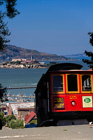 San Francisco Cable Car with Alcatraz in the Bay