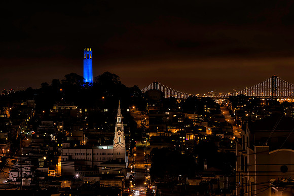 Coit Tower and Bay Bridge at Night